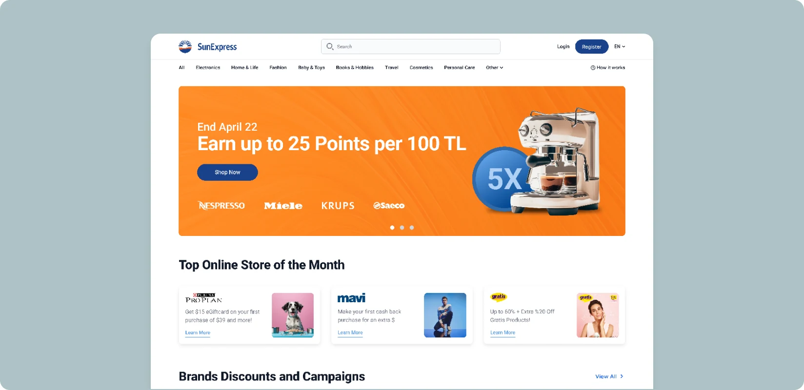SunExpress Affiliate alışveriş platformunun ana sayfa ekranı