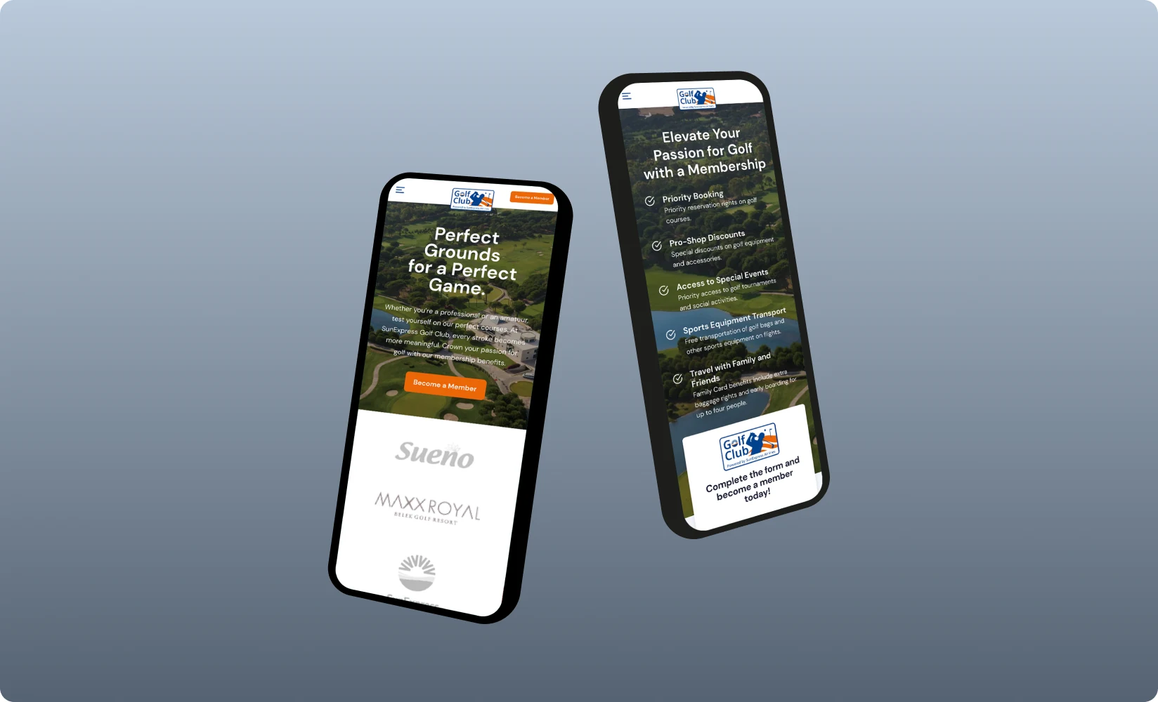 SunExpress Golf Club: üyelik ekranları, iki telefonda