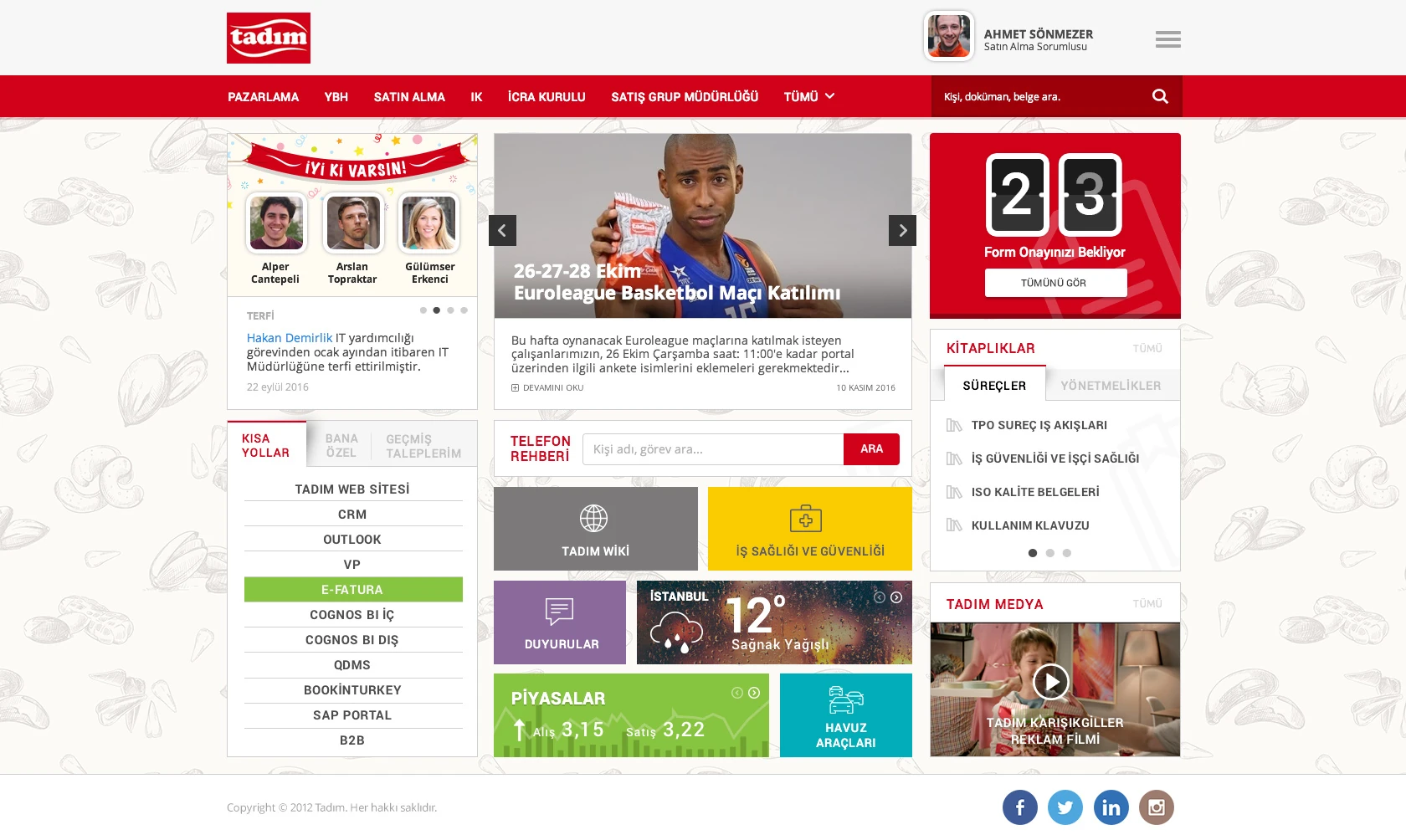 İntranet ana sayfası: Duyuru manşeti, hızlı erişimler ve renklerle ayrışan içerik modüllerini bir araya getiren masaüstü deneyimi.