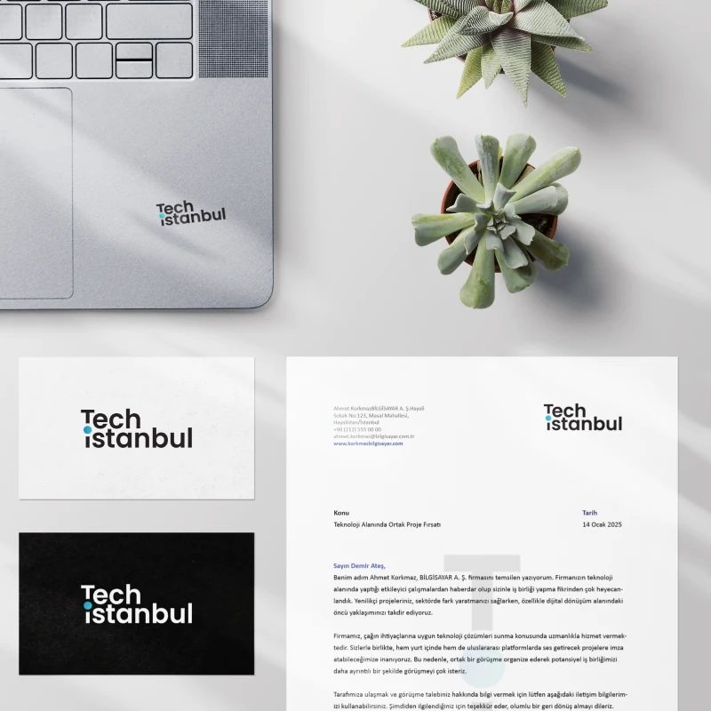 Original identity on letterhead, business cards and digital workspaces.
