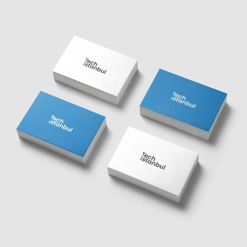 Stacks of white and blue business cards