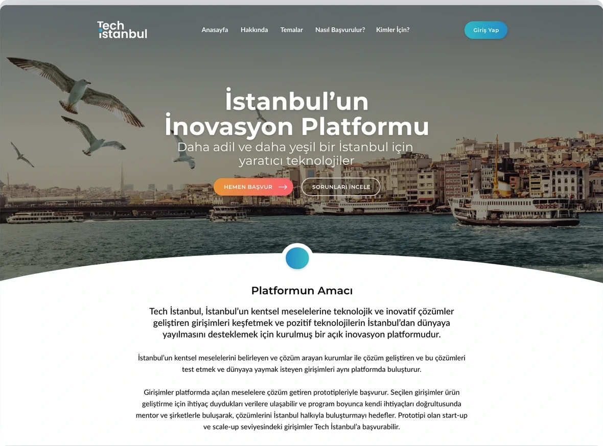 İstanbul görseli, platformun amacı ve başvuru çağrısını bir araya getiren açılış deneyimi.