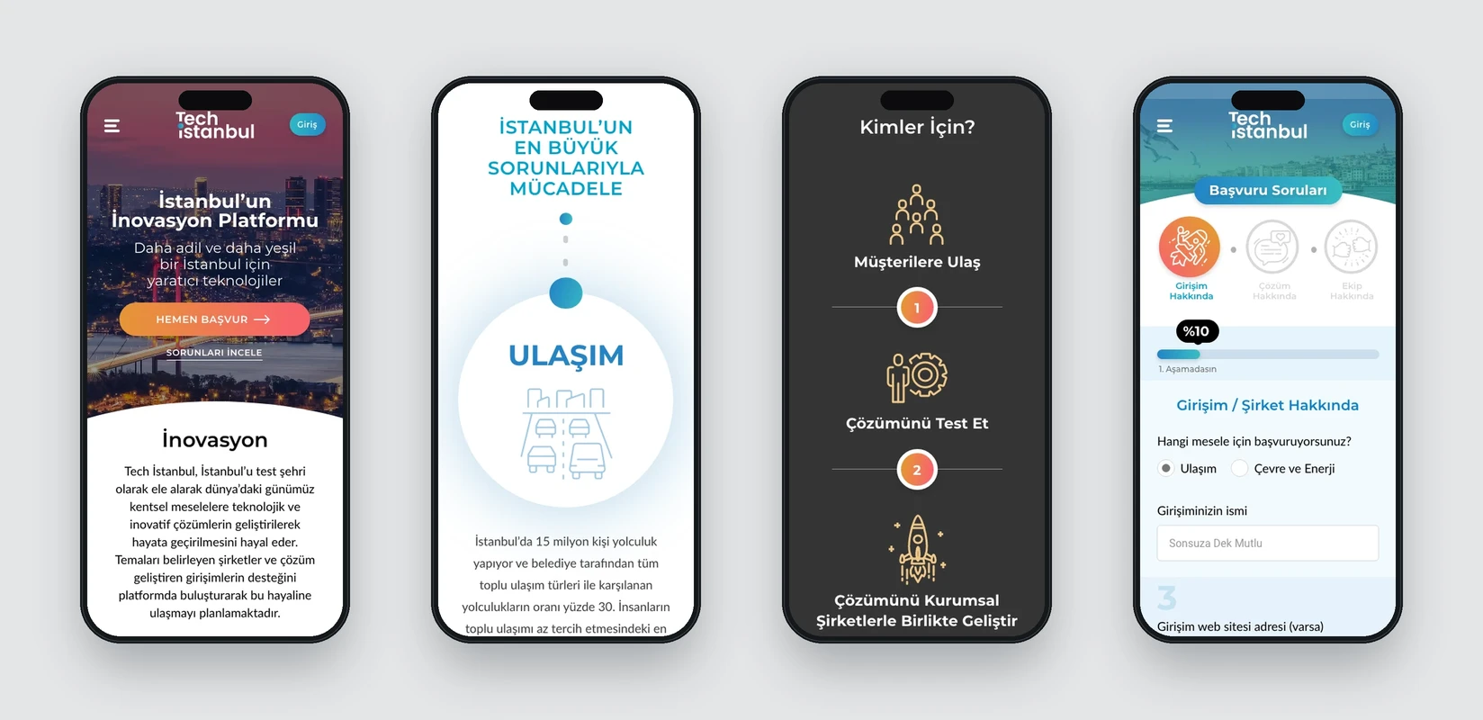 Platform anlatımının küçük ekranlara uyarlanan versiyonu ve çok adımlı formun mobil arayüzü.