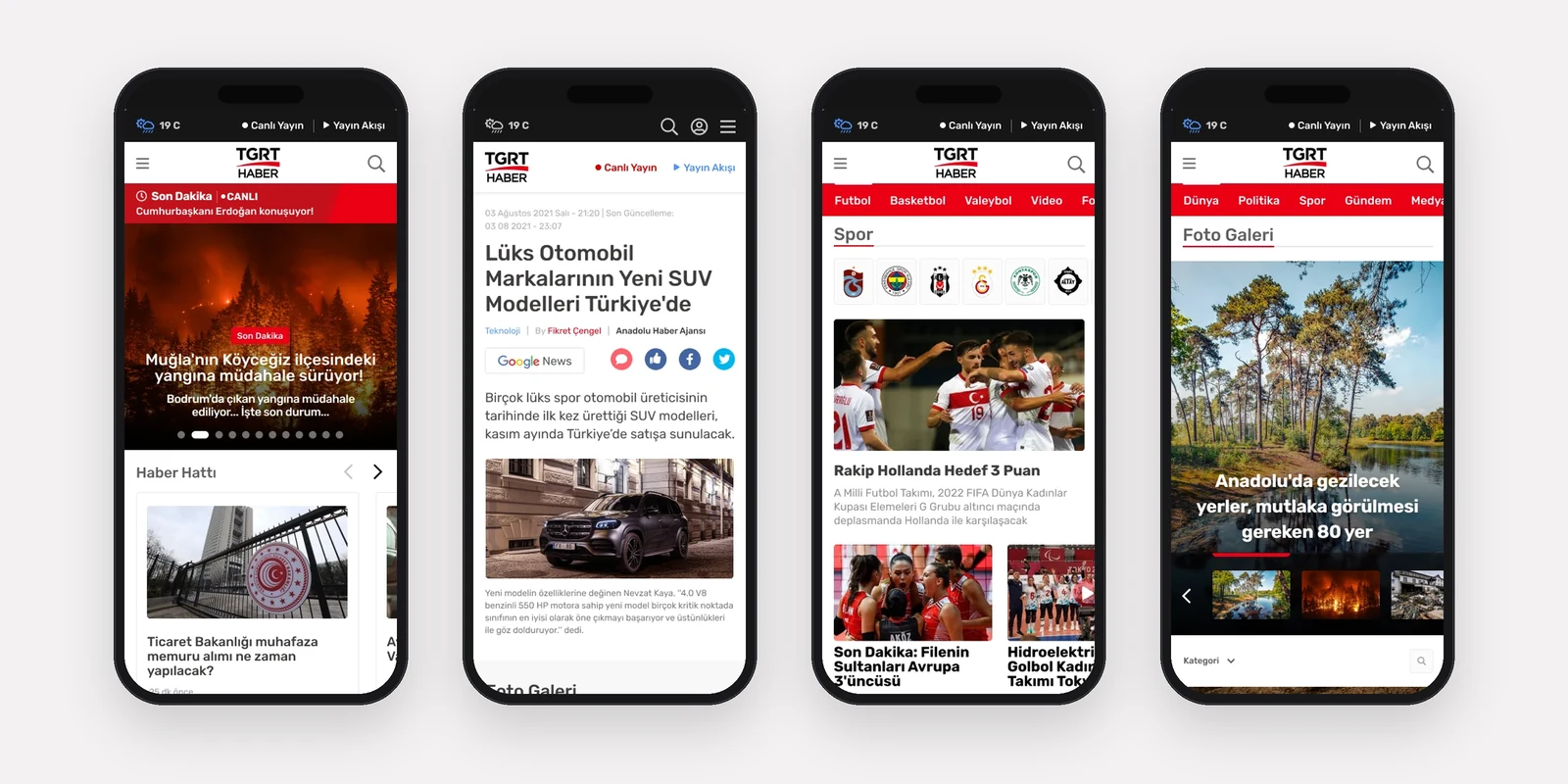 Telefonda ana sayfa, haber detayı, spor ve foto galeri ekranları