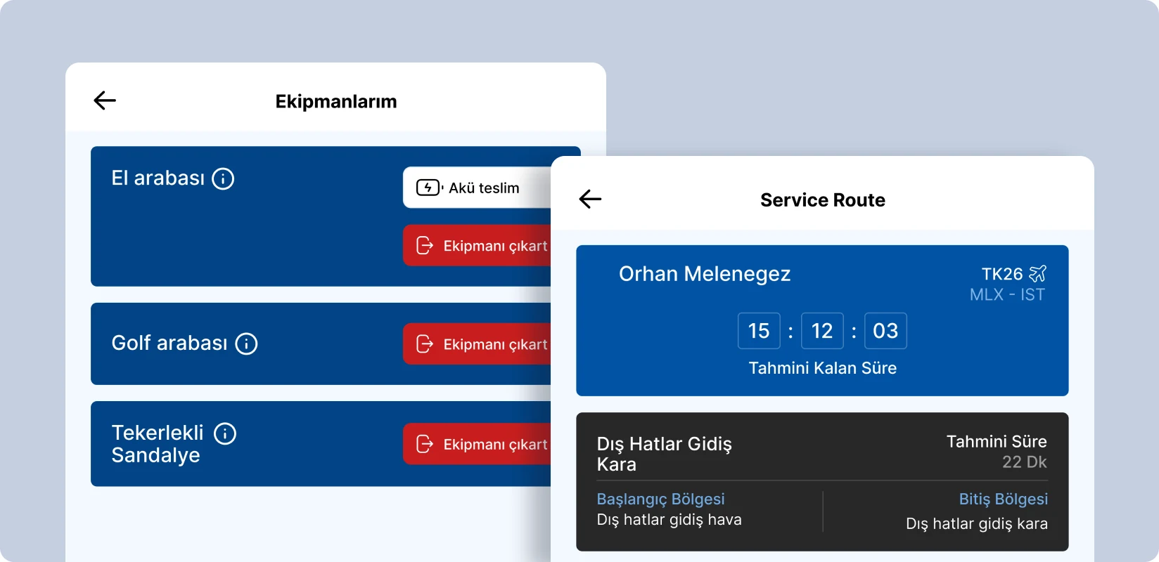 Türk Hava Yolları Operasyon Uygulaması: Ekipmanlarım ve hizmet rotası ekranları