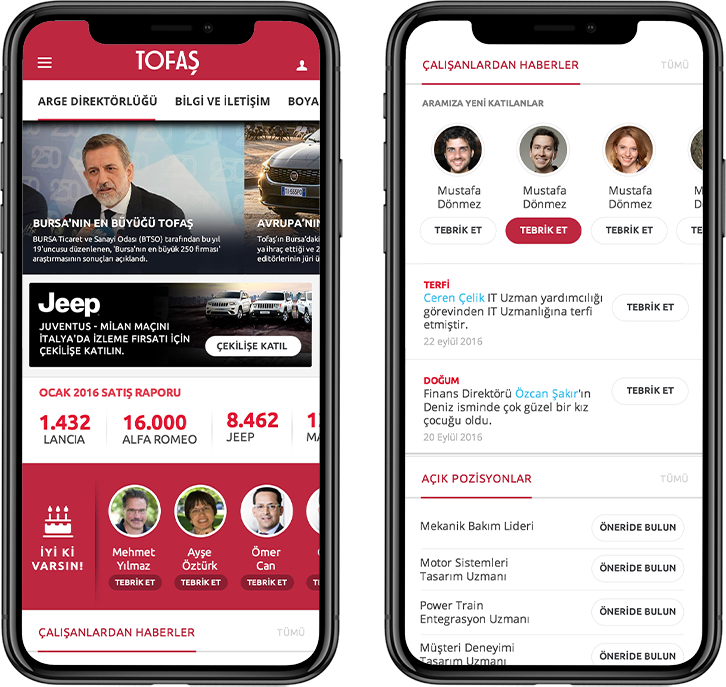 İki telefonda TofaşGo mobil ekranları