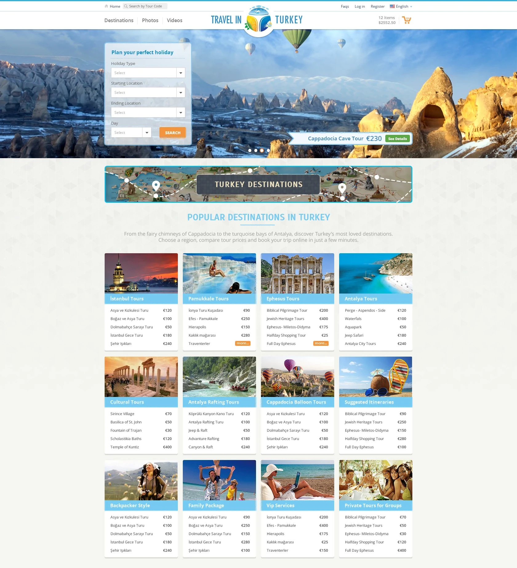 Homepage: opening screen starting the discovery journey with tour search and featured packages.