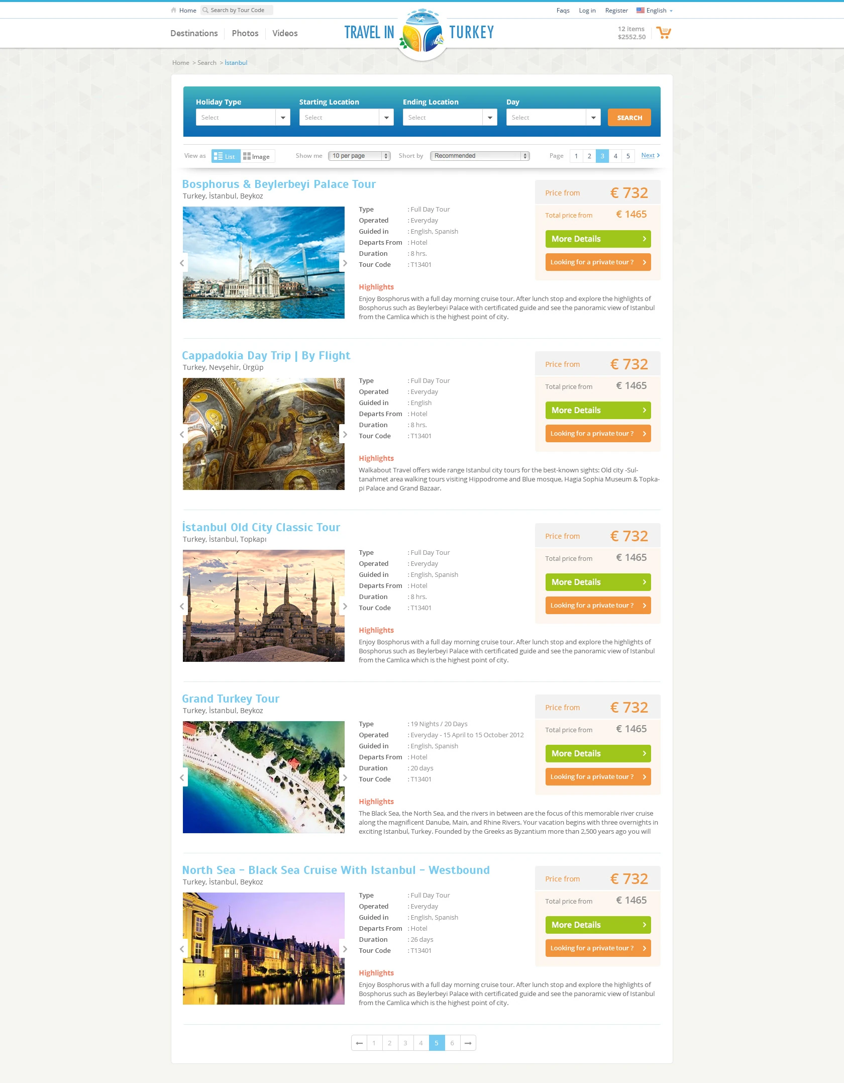 Tour listing: comparable cards presenting itineraries, prices and key features.