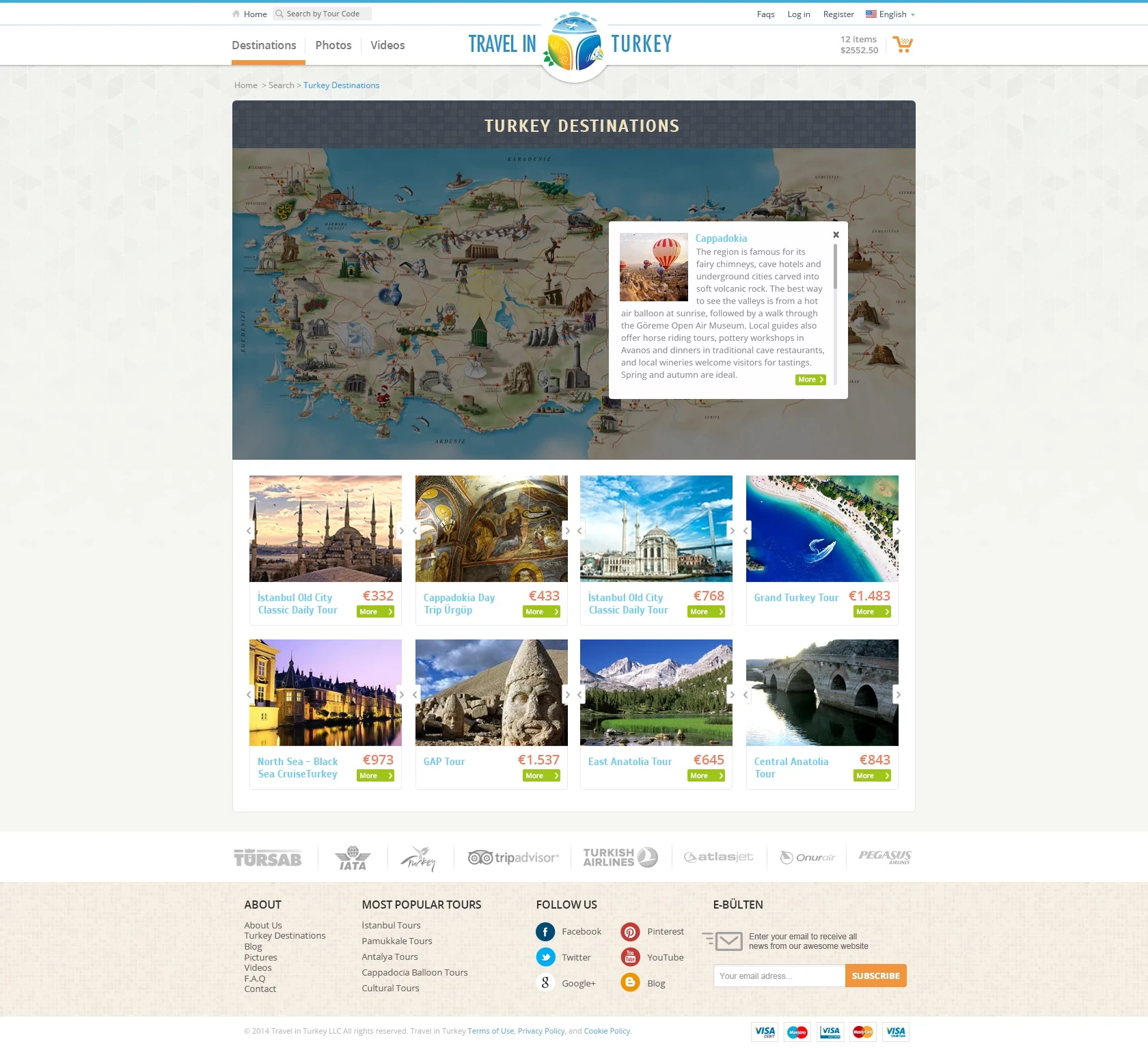 Destination discovery: content area showing different routes through a map and destination cards.