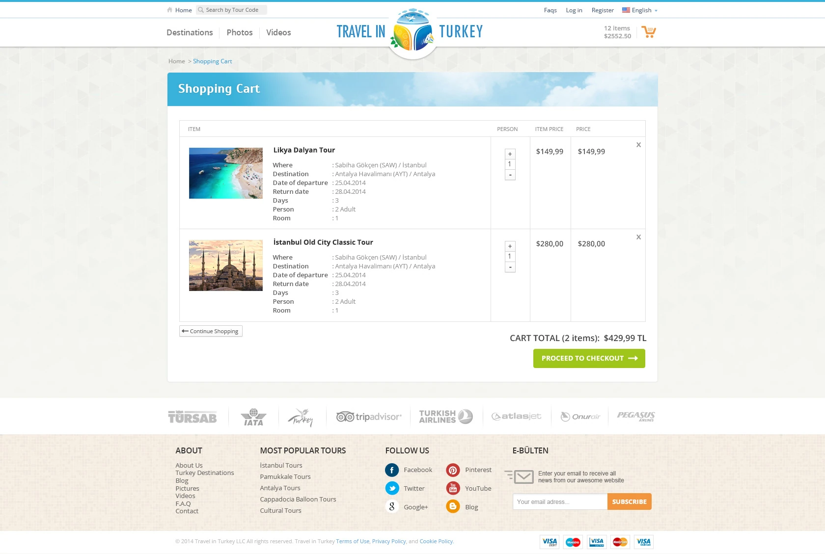 Basket: booking step showing selected tours and a price summary.