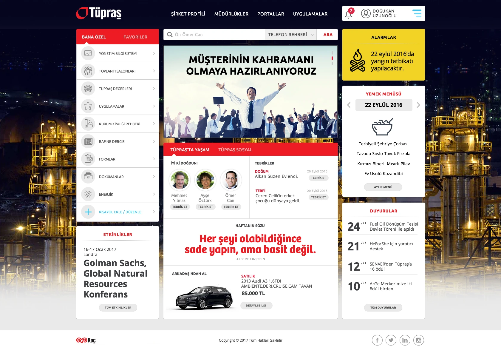 İntranet ana sayfası: Rafineri görseli, haberler, duyurular ve çalışan kısayollarını bir araya getiren masaüstü deneyimi.
