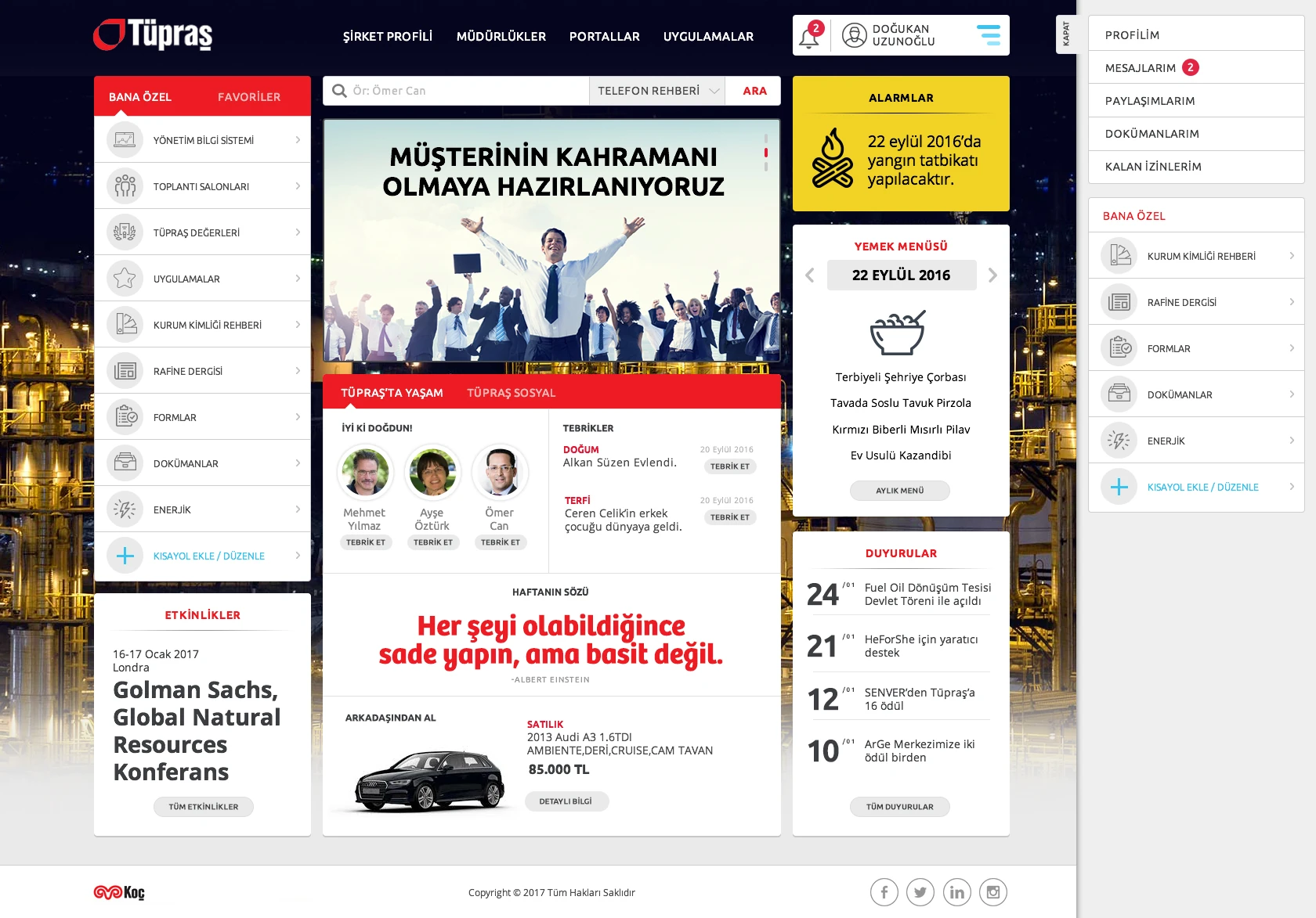Açılır menü: Platformun farklı bölümlerine hızlı erişim sağlayan sağ navigasyon.