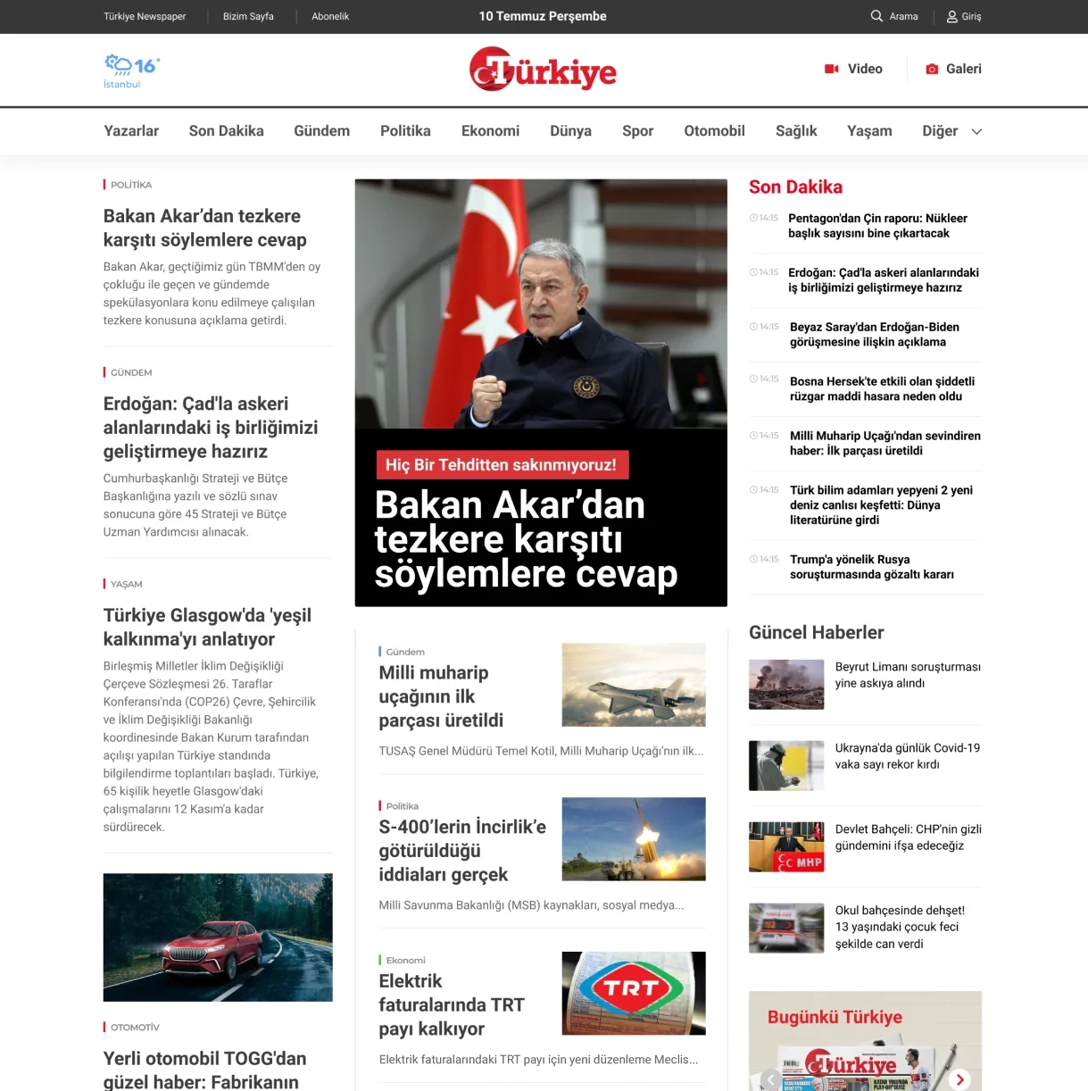 Modular structure presenting headlines, live updates, category news and columnists at different priority levels within a shared editorial rhythm