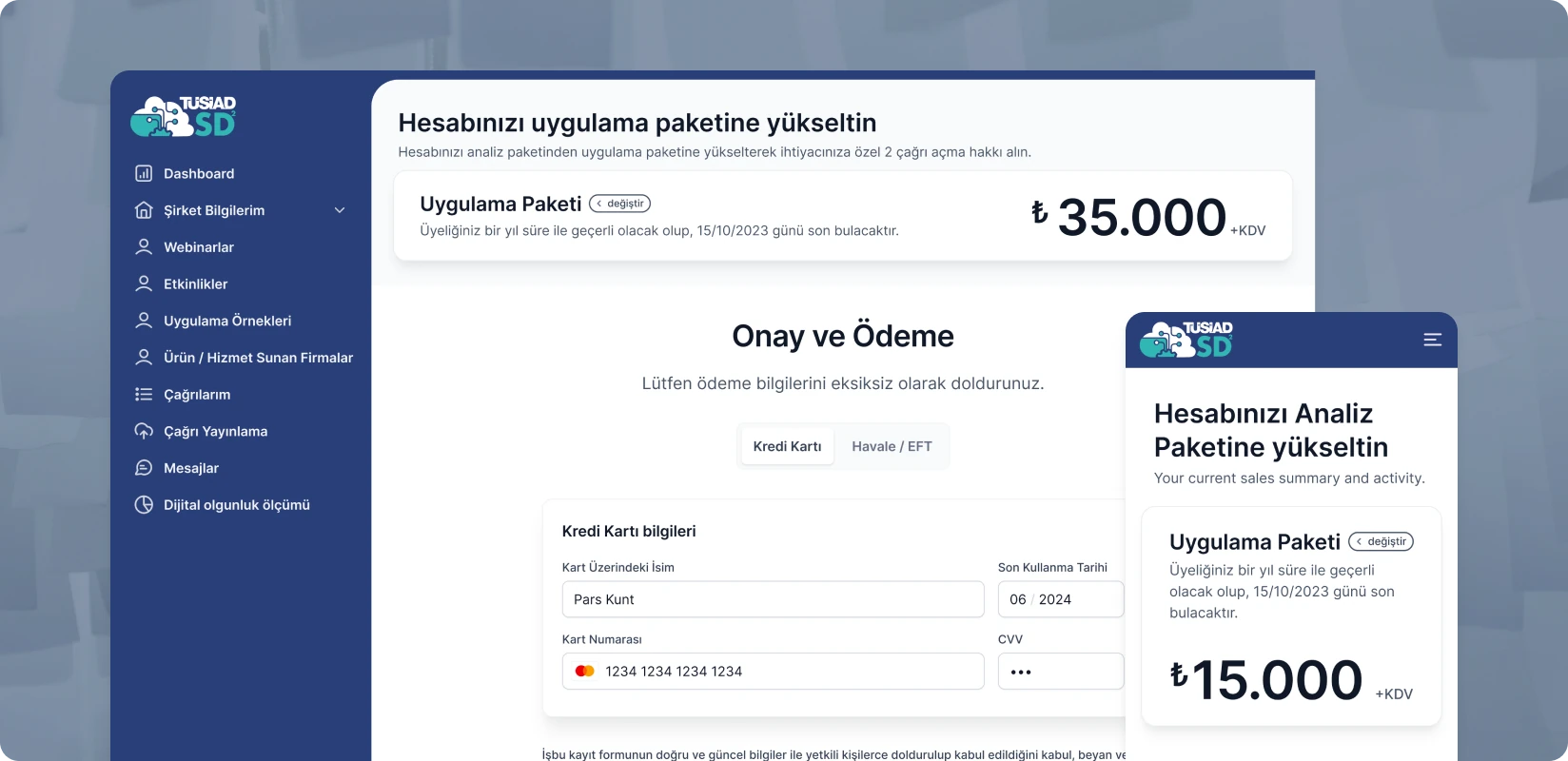 Paket yükseltme ve ödeme ekranları