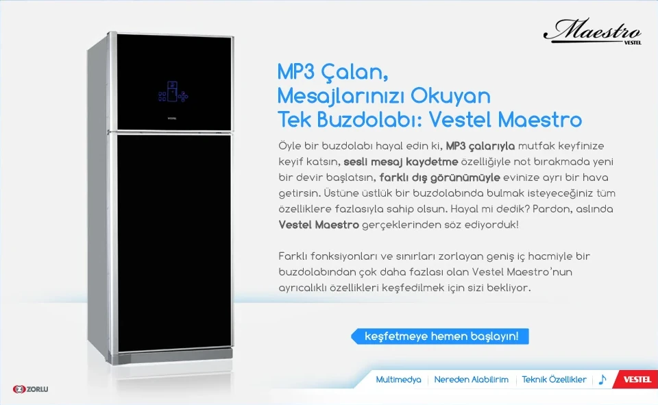 Ürün giriş ekranı: Vestel Maestro buzdolabını merkeze alan mikrosite açılışı.
