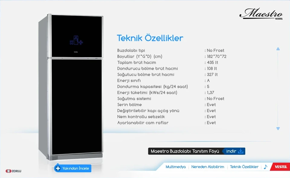 Teknik özellikler: Ürünün yenilikçi işlevlerini kolay taranan bir listeyle sunan bilgi ekranı.