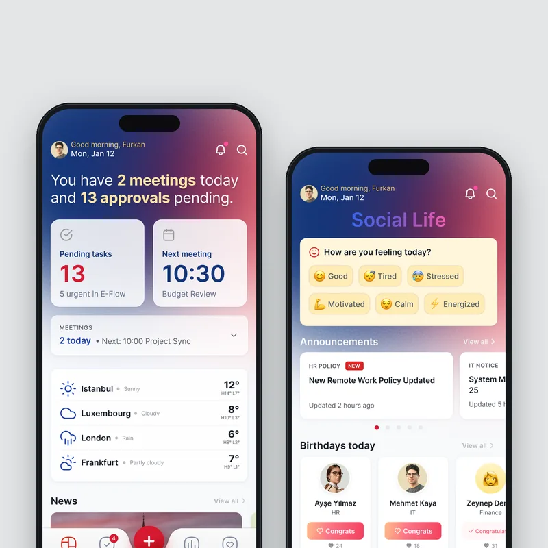 Esas App ana sayfa ve sosyal yaşam ekranları