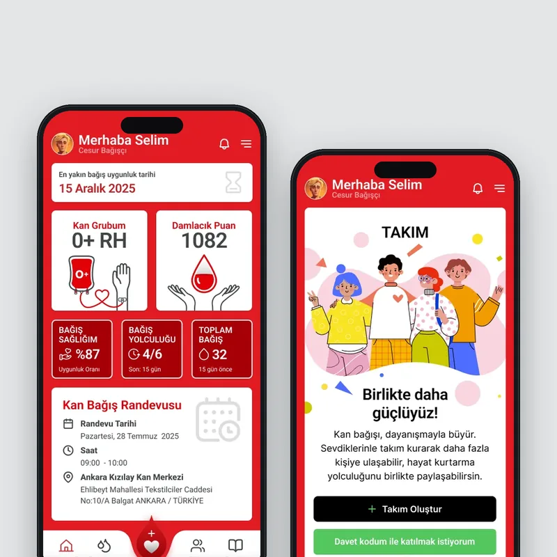 Kızılay Kan App ana sayfa ve takım ekranları