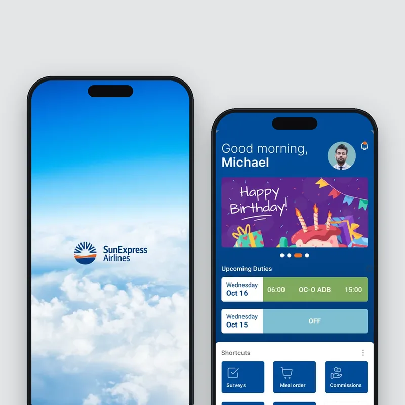 SunExpress Crew Connect açılış ve ana sayfa ekranları