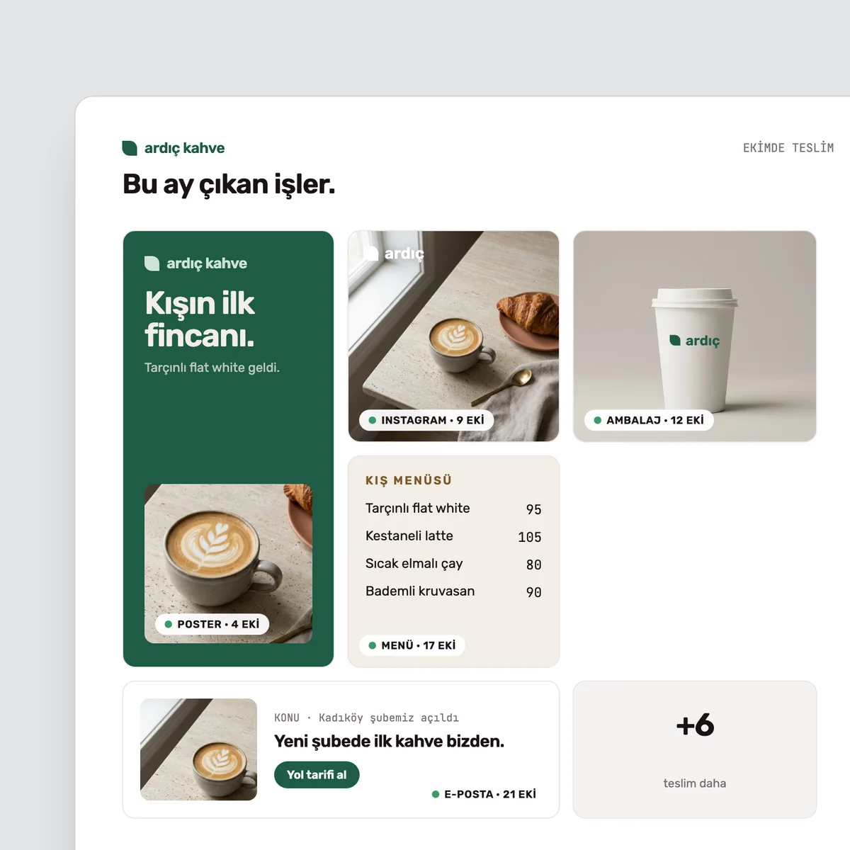 Bir ay içinde teslim edilen poster, sosyal medya, ambalaj, menü ve e-posta tasarımları