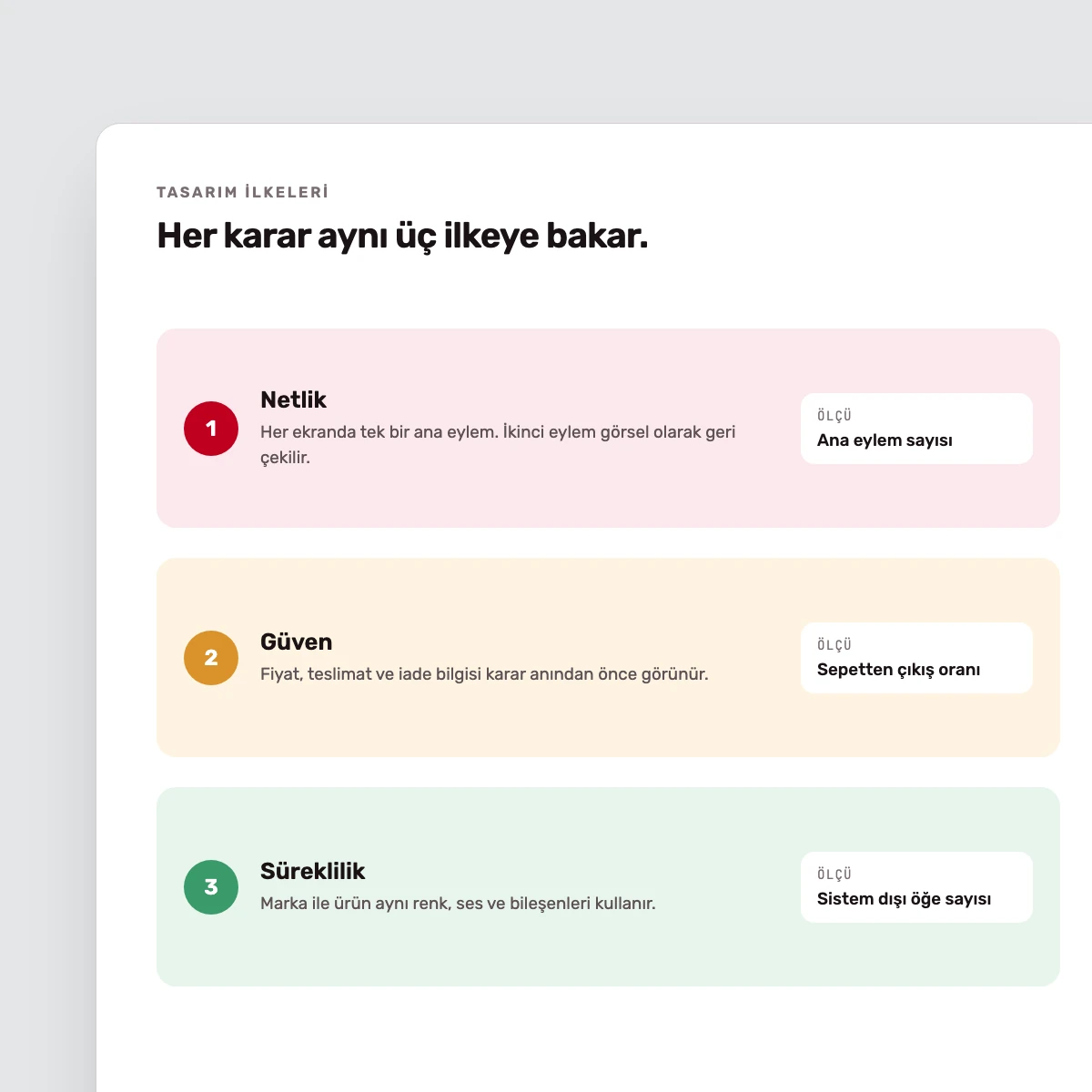Netlik, güven ve süreklilik ilkeleri ve her birinin ölçüsü