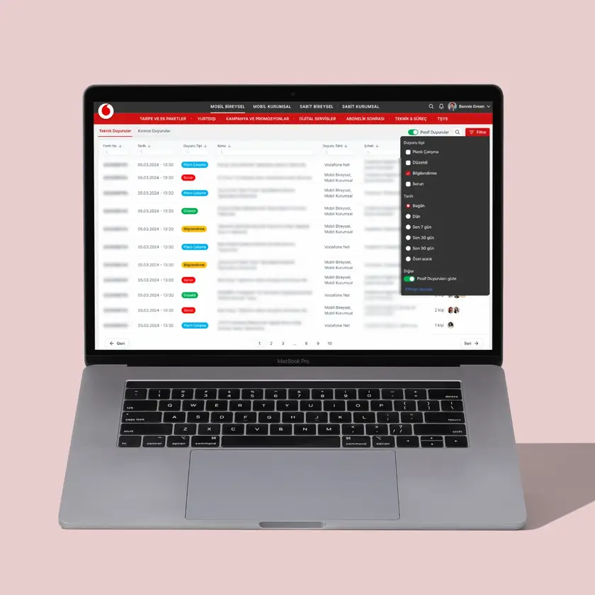 Technical announcements: list organising multi-user operational records with status labels, company and team information.