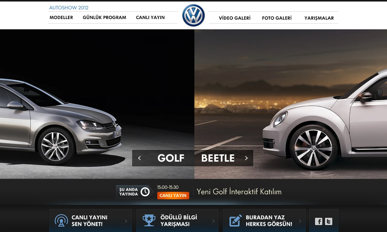 Ana sayfa: Golf ve Beetle gibi öne çıkan otomobil içerikleriyle Auto Show deneyimini güçlü biçimde tanıtan giriş ekranı.