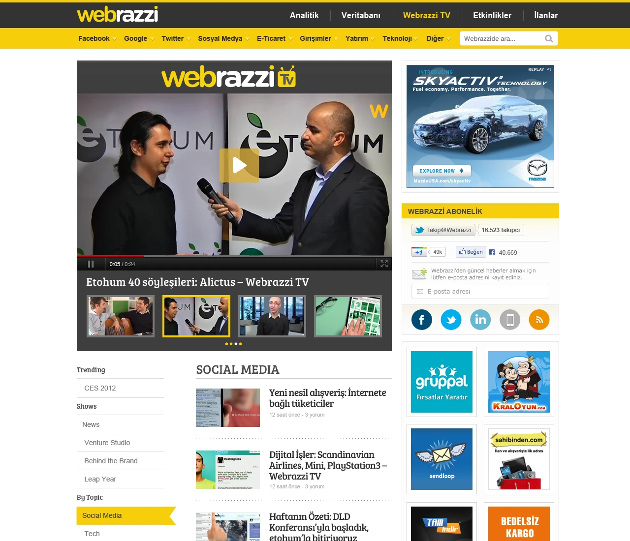 Manşet haber ve video bölümüyle Webrazzi ana sayfası