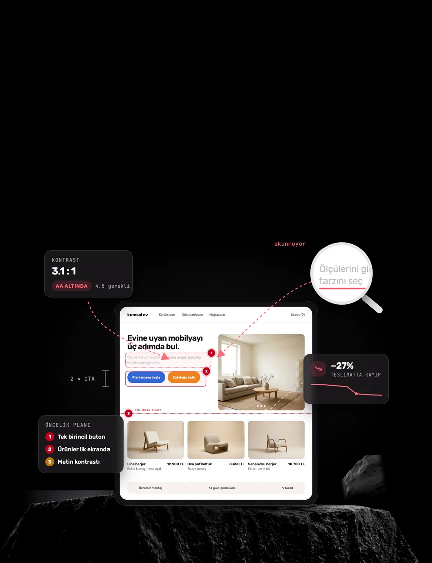 Taş kaide üzerinde duran bir tablette, bulguları numaralı işaretlerle gösterilen web sitesi denetimi; çevresinde kontrast, dönüşüm kaybı ve öncelik planı notları