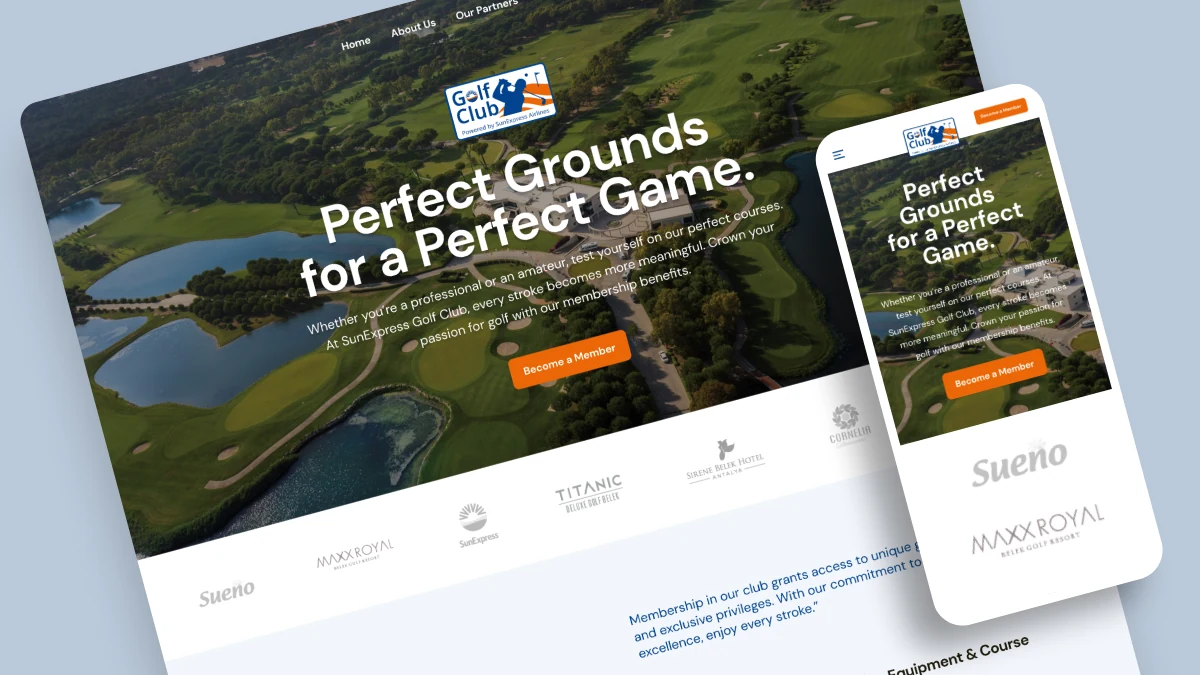 SunExpress Golf Club web sitesinin masaüstü ve mobil ekranları